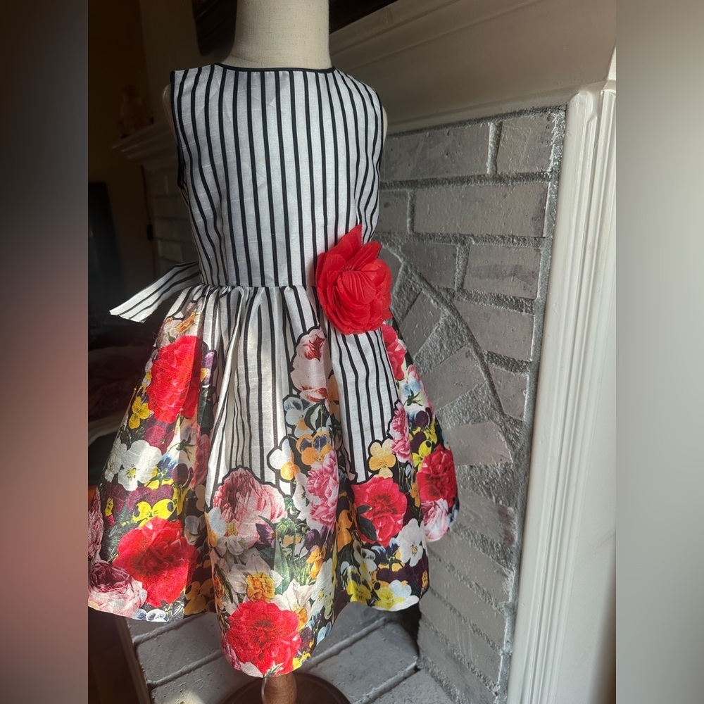 Pippa and julie Floral Striped Kids Dress with Red Accents